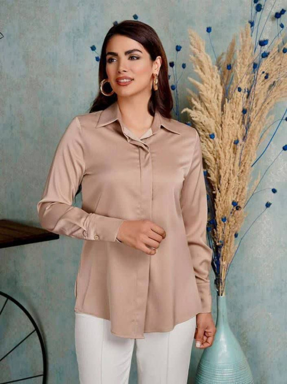 شومیز ساتن جلو دکمه آستین دار